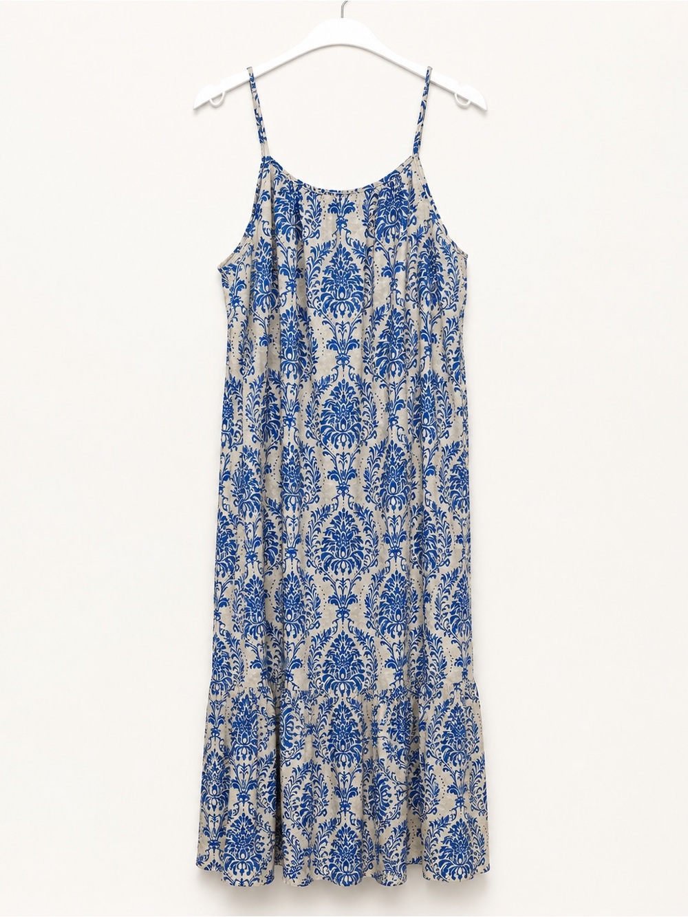 Women’s 2XL Blue Ivory Damask Tiered Maxi Dress Coastal Resort